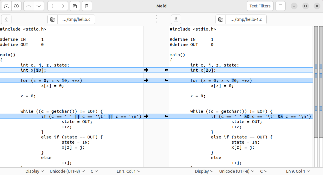 A screenshot of the Meld program with a simple two file comparison view.