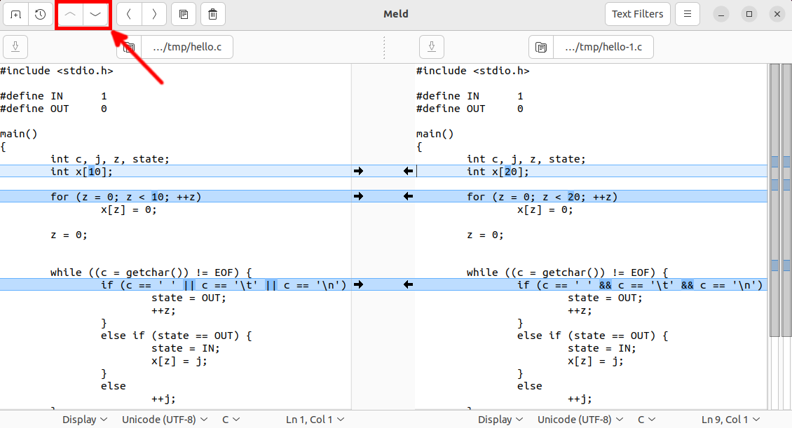 A screenshot of the Meld program highlighting its diff navigation button.