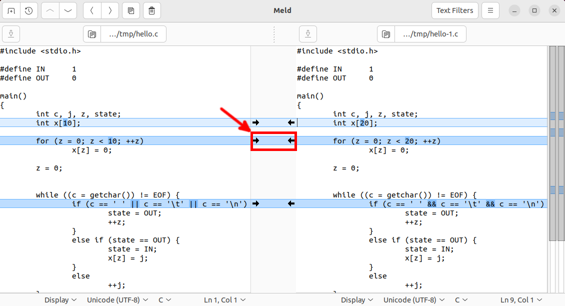A screenshot of the Meld program showing the diff resolve buttons.