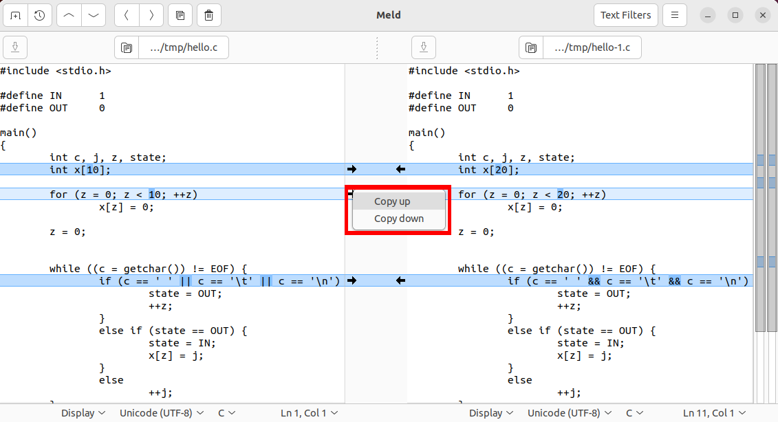 A screenshot of the Meld program showing its diff addition prompt.
