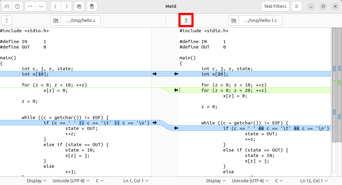 A screenshot of the Meld program highlighting its per-file save button.