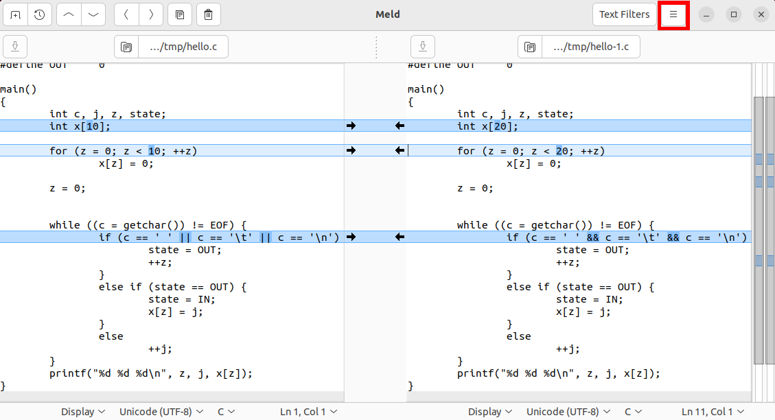 A screenshot highlighting Meld's options button.