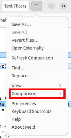 A screenshot of Meld's options menu with a highlight on the Comparison submenu.