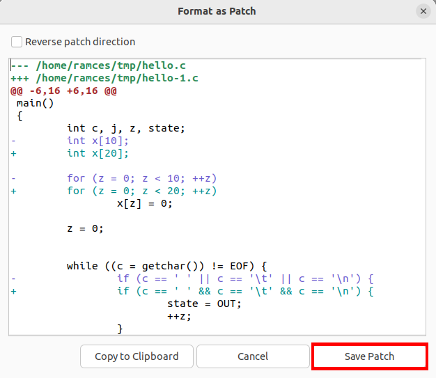 A screenshot of Meld's Patch subwindow with a highlight on the "Save Patch" button.