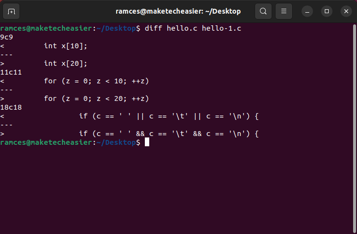 A terminal showing a simple diff between two files.