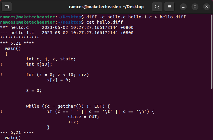 A terminal showing a basic diff file output.