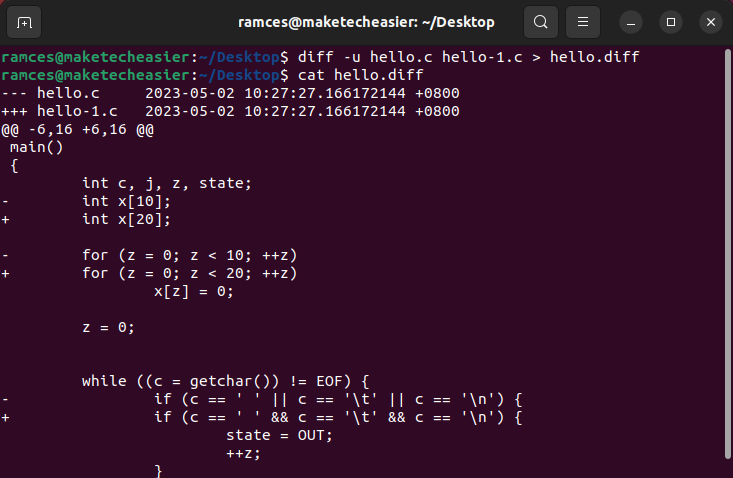 A terminal showing a more complex unified diff output.