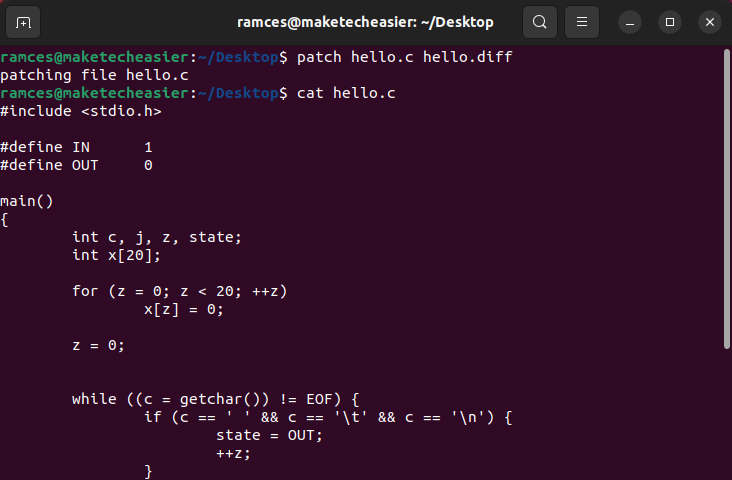 A terminal showing a simple patch command to a single source file.