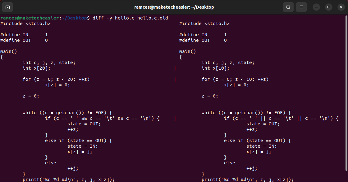 A terminal showing the visual diff between the new and the original source file.