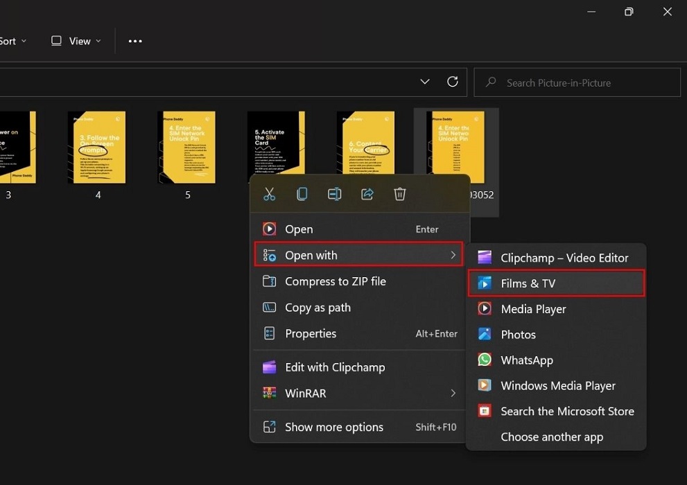 Opening a video with "Films & TV" option from context menu.