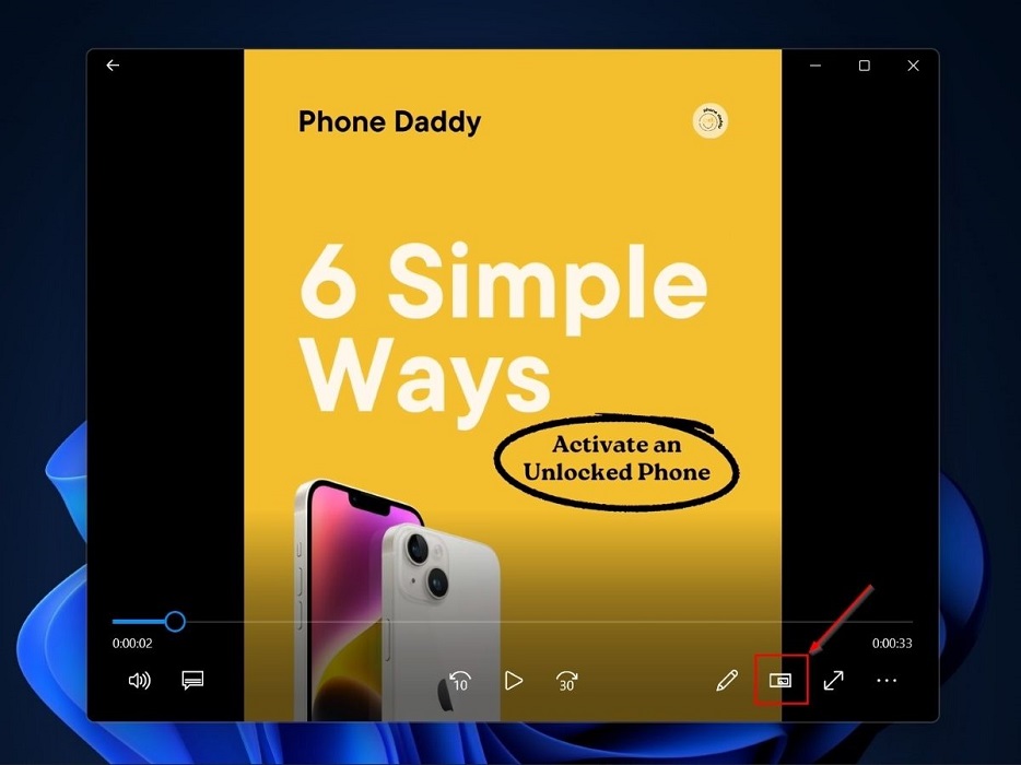 Clicking PiP button in Films & TV app in Windows.