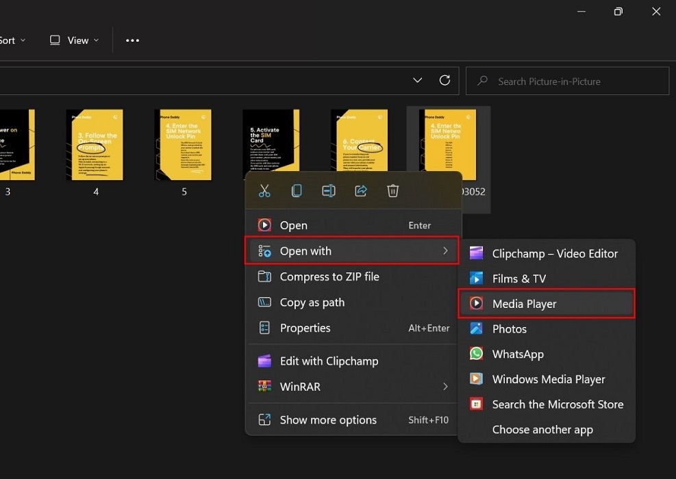 Opening Media Player from context menu.