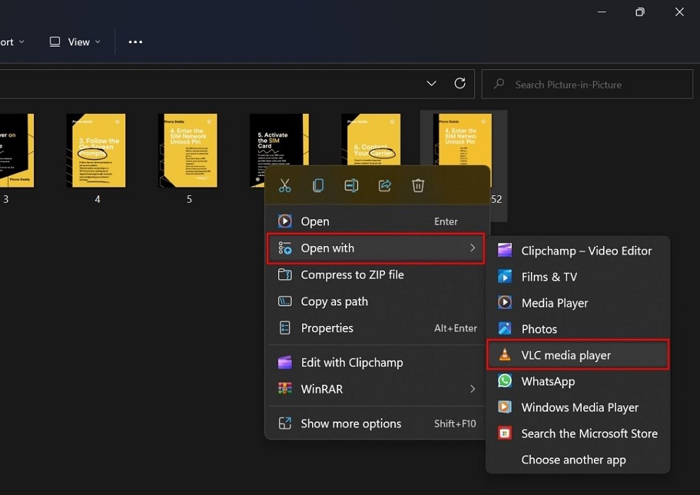 Opening file with VLC media player via context menu.