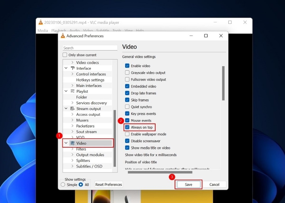 Enabling "Always on top" option from Advanced Preferences in VLC.