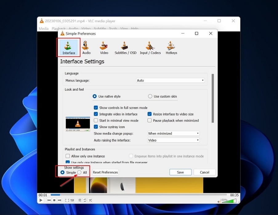 Clicking "All" under "Show Settings" in VLC.
