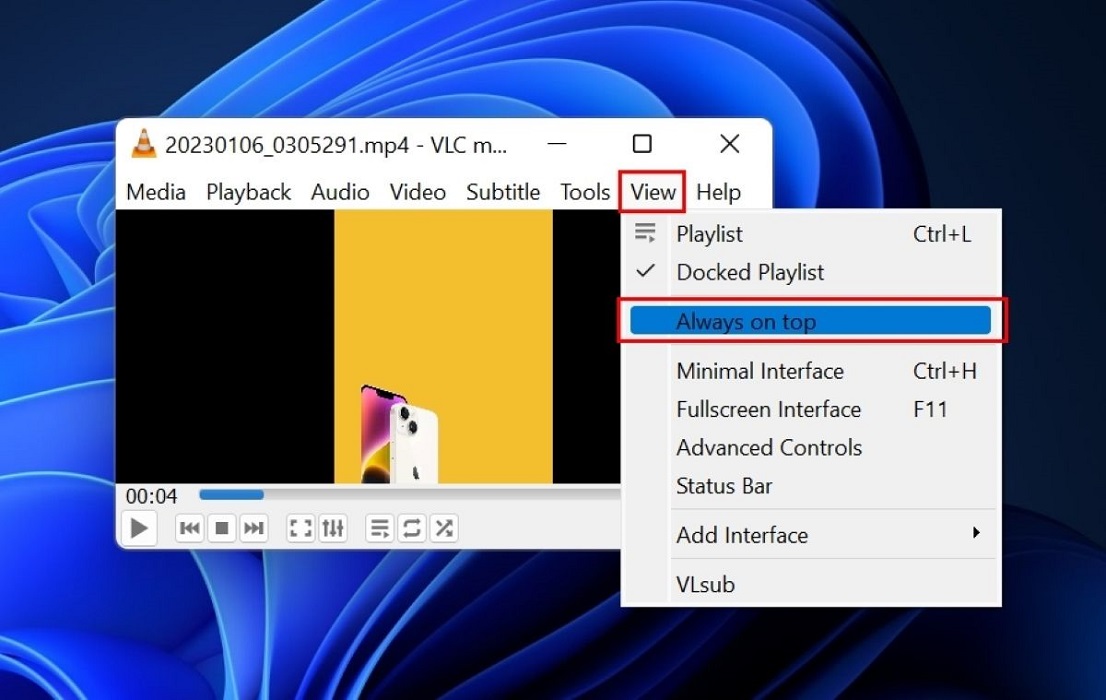 Activating "Always on top" from "View" menu in VLC.