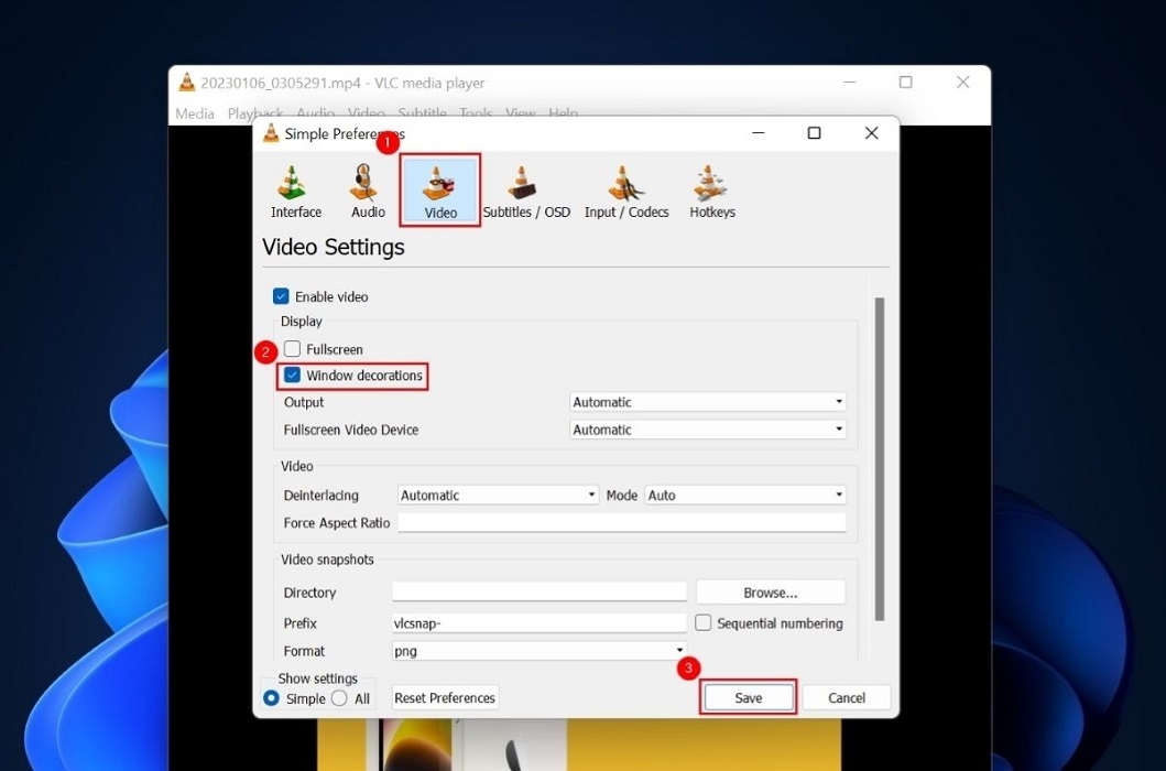 Disabling "Windows decorations" option in VLC.