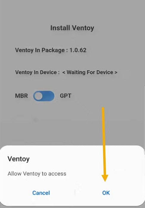 Granting Ventoy access to your Android device.