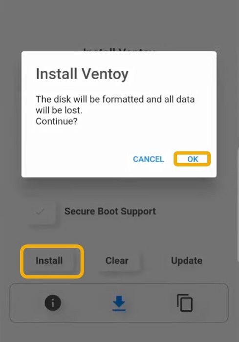 "Install Ventoy" pop-up on Android.
