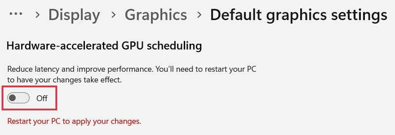 Disabling "Hardware-accelerated GPU scheduling" option via Windows Settings. 