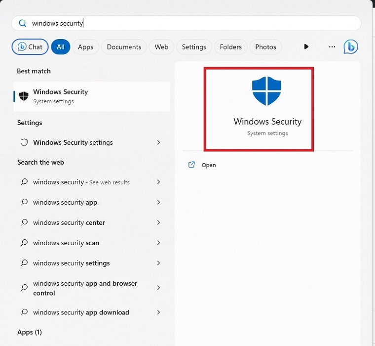 Opening Windows Security from Start menu.