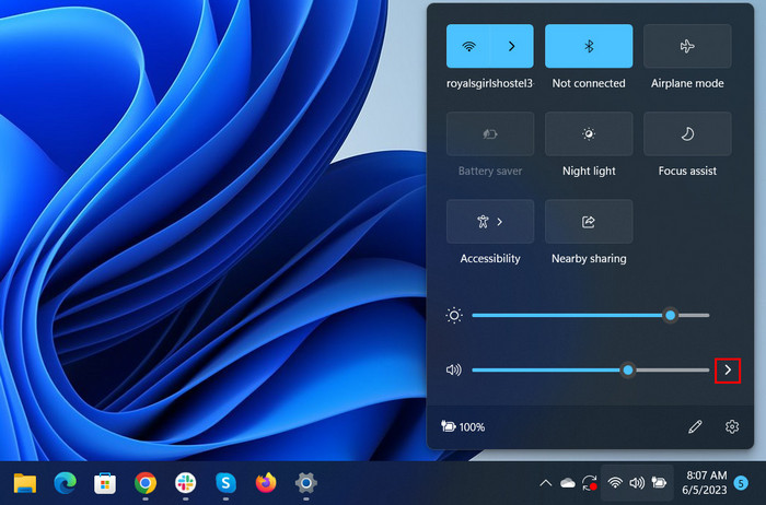 Click arrow associated with Volume in Action Center.