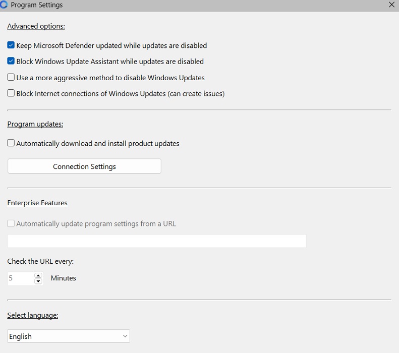 Program Settings for Win Update Stop.