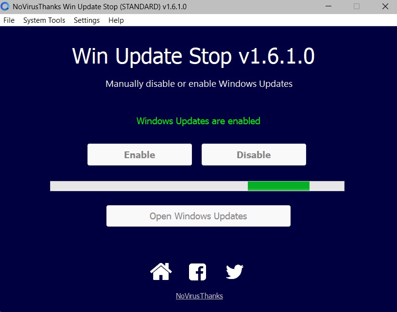 Disabling Windows updates in progress after pressing the "Disable" button.