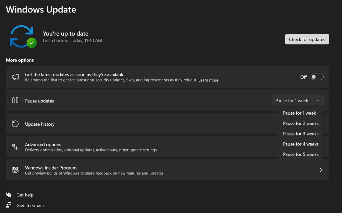 "Pause updates" option in Settings.
