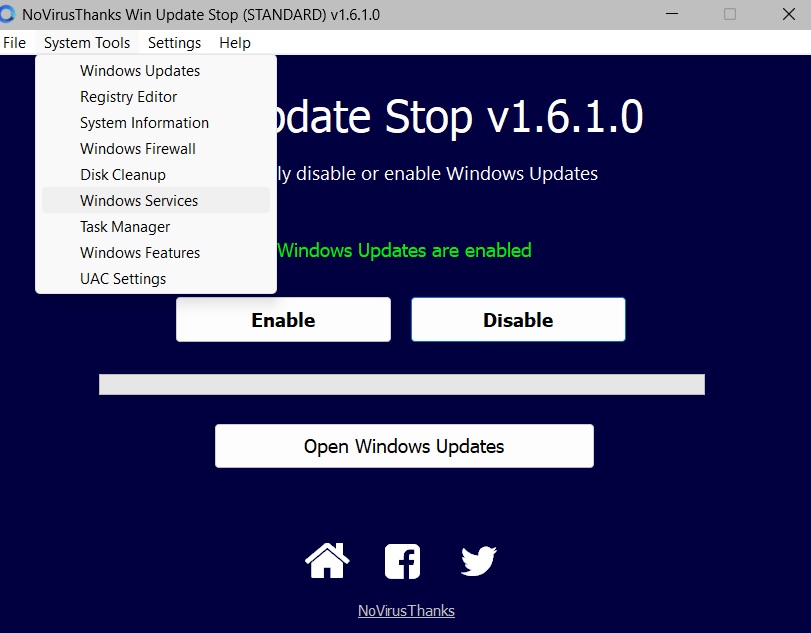 "System Tools" menu visible in Win Update Stop.