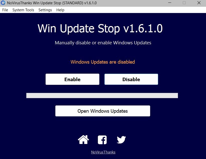 "Windows updates are disabled" message in Win Update Stop.
