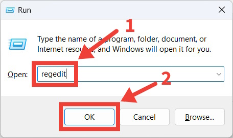 The process of launching the Registry Editor using Windows Run.