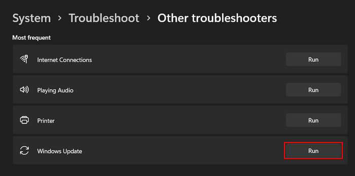 Clicking on "Run" button to run Windows Update Troubleshooter.