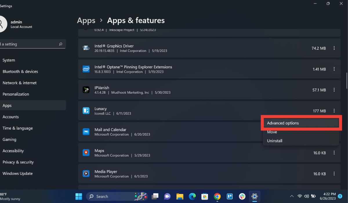 Click "Advanced Options" under "Apps & features."