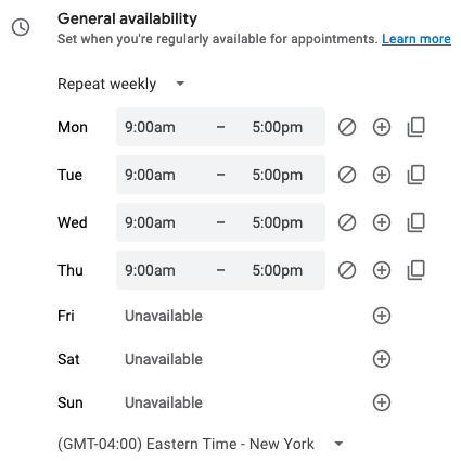 Appointment Schedule Availability settings