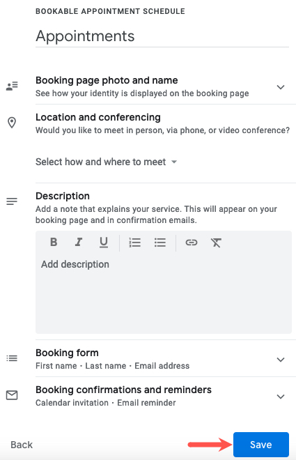 Appointment Schedule Booking Page settings