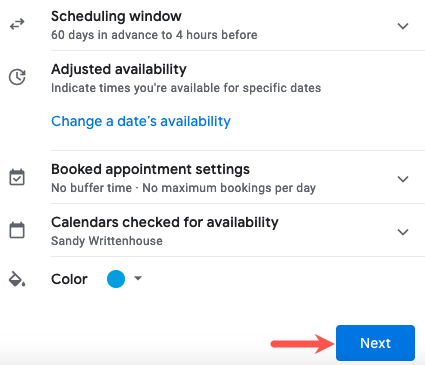 Appointment Schedule options and Next button