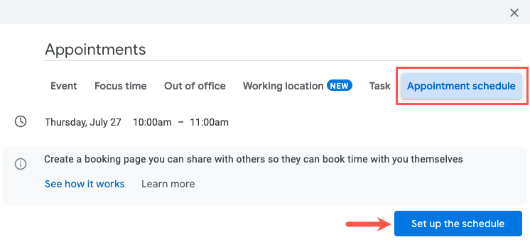 Set up Appointment Schedule in event window