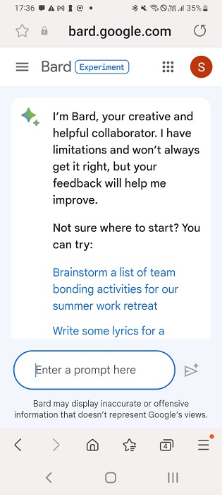 Accessing Bard AI on an Android phone with Samsung Internet browser. 