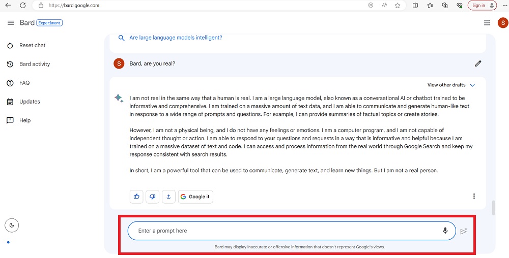 Prompt response area in Bard AI by Google. 
