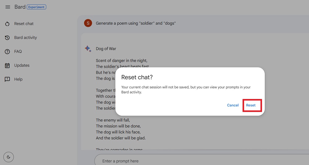 Confirm Reset activity on Bard. 
