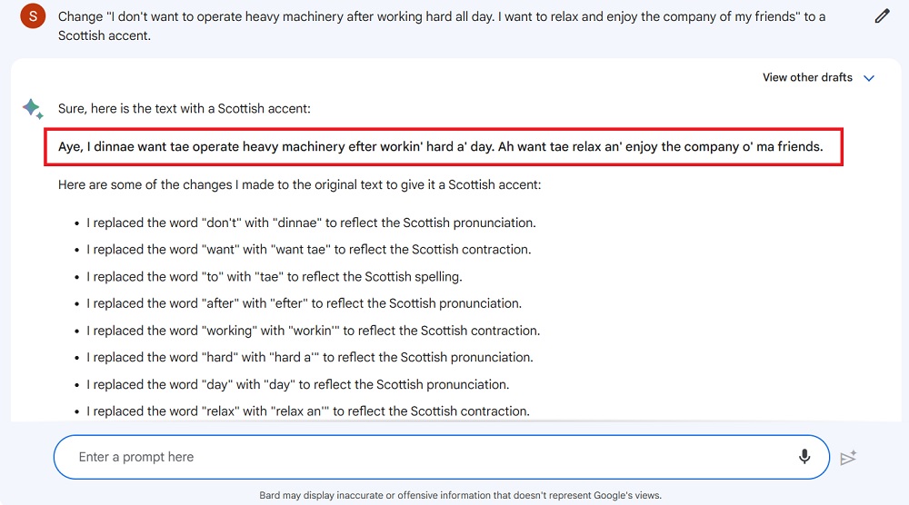 Scottish accent using Bard, Google's AI Chatbot. 