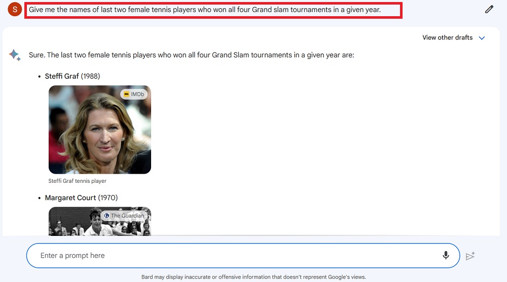 Highly specific and detailed Search engine query on Bard with response outcome. 