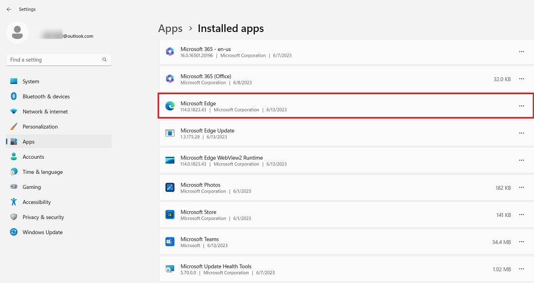 Microsoft Edge browser installed in Windows 11 apps list. 