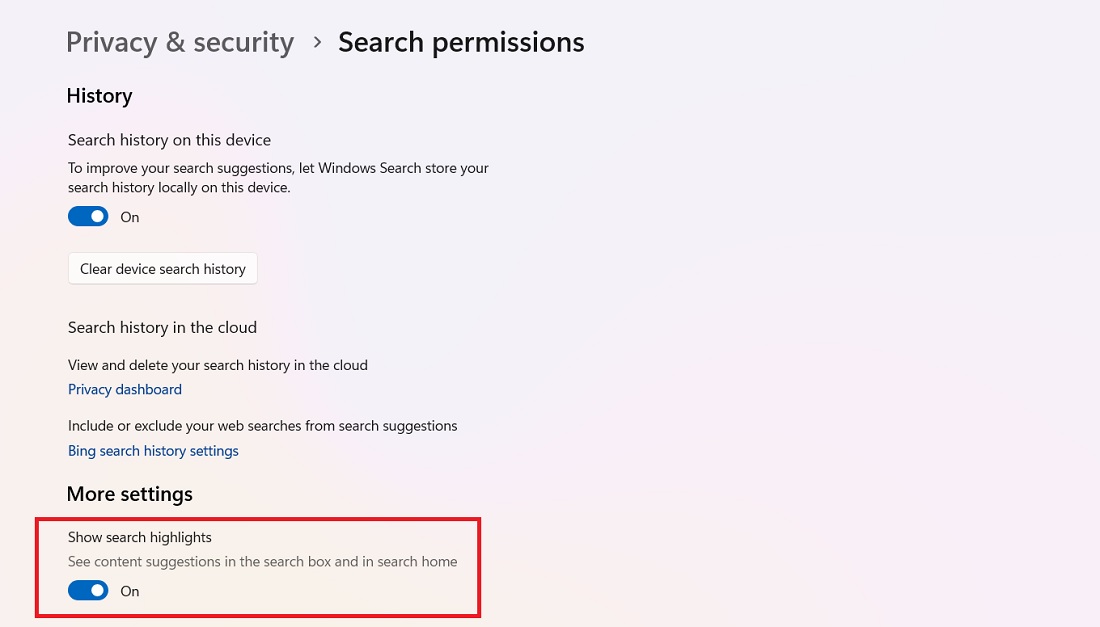 Show search highlights in Windows 11 search permissions. 