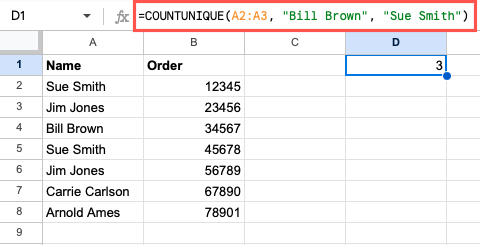 COUNTUNIQUE function using a cell range and text