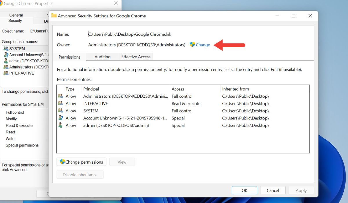 Clicking "Change" next to the owner's name in Advanced Security Settings window. 