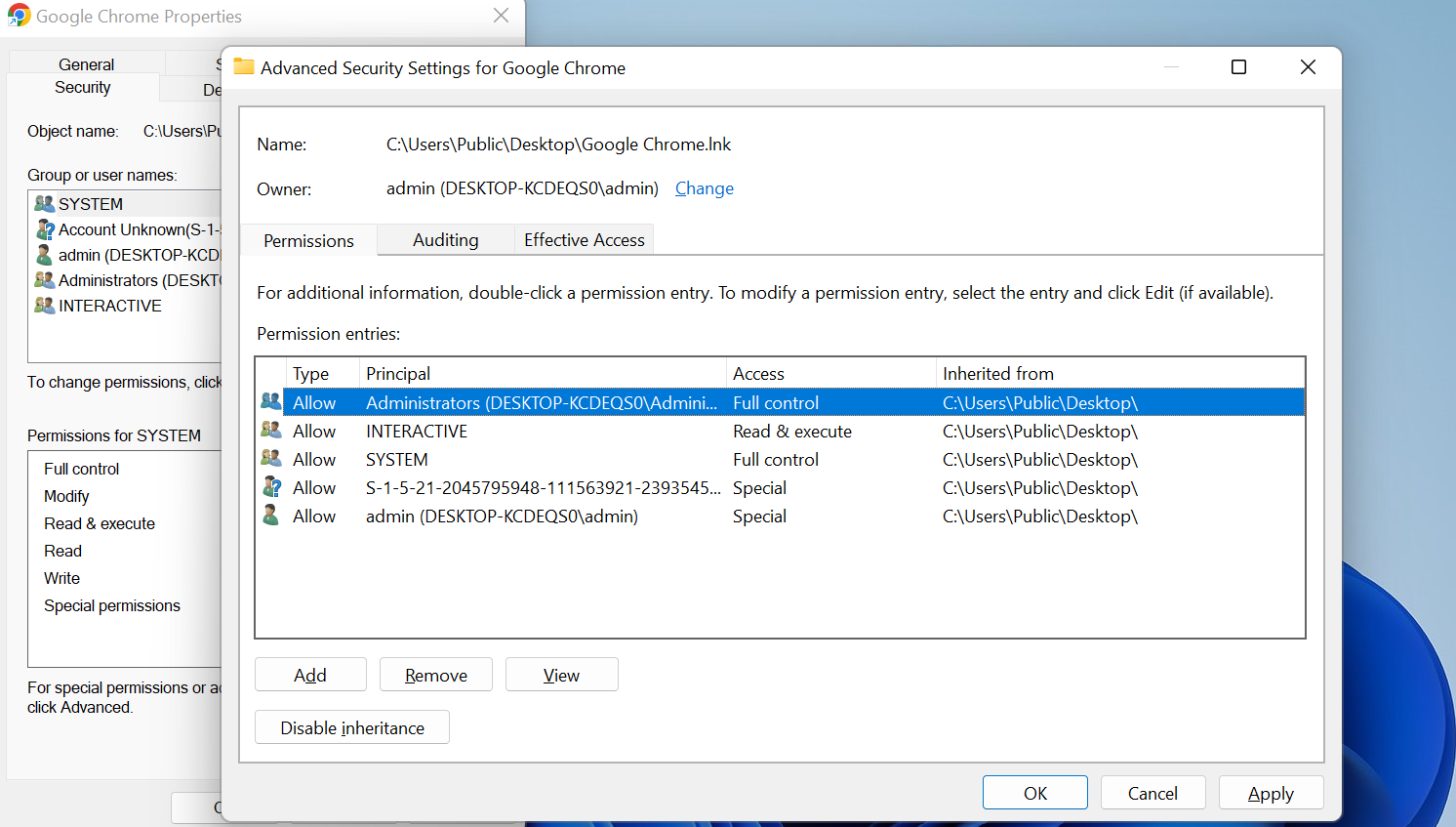 Granting "Full control" access to a program via Advanced Security Settings. 