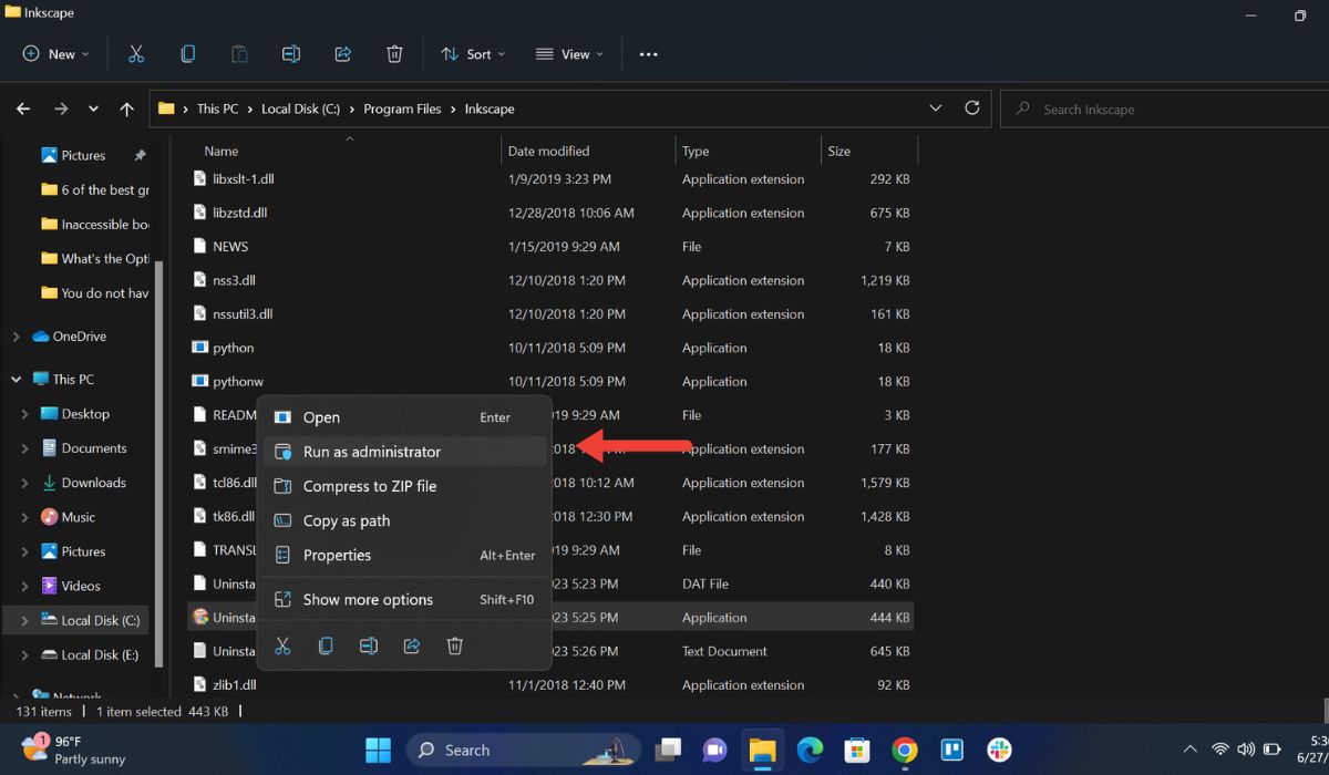 Running "uninstall.exe" file as administrator in File Explorer.