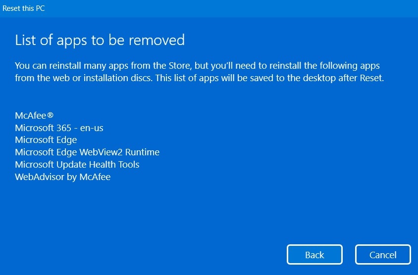 Preinstalled apps removed with local reinstall. 